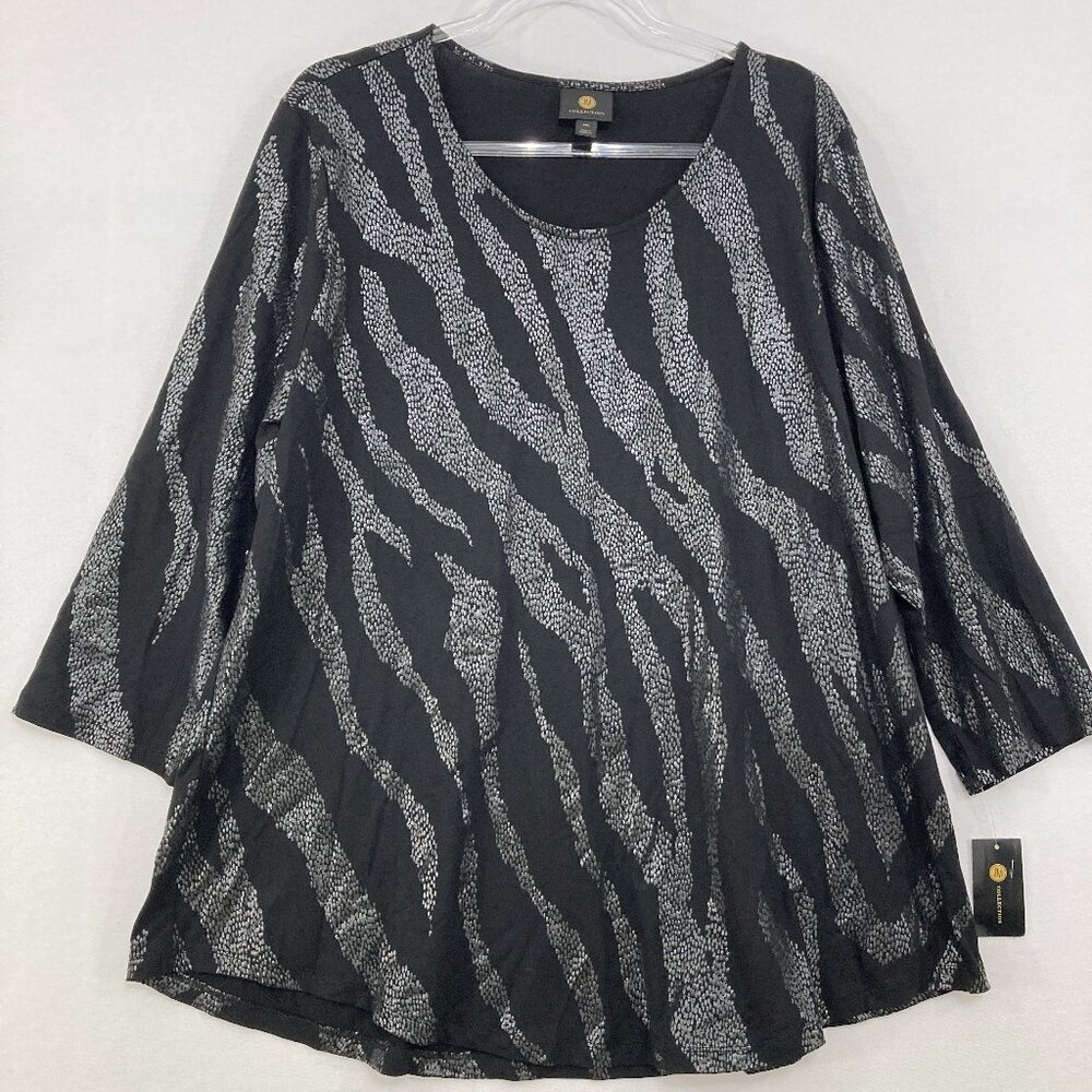 New JM Collection size‎ XXL Black Gray Metallic Abstract Stretch Knit Blouse
